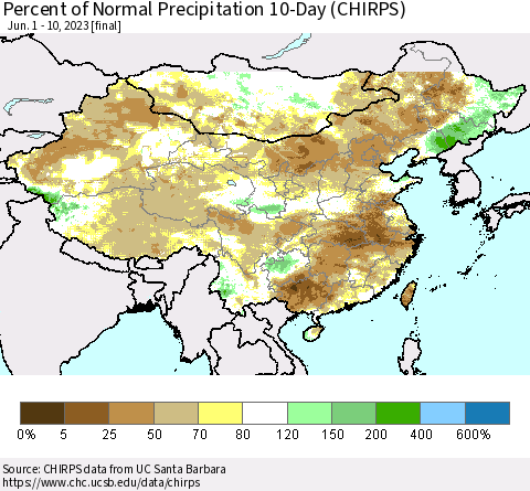 China, Mongolia and Taiwan Percent of Normal Precipitation 10-Day (CHIRPS) Thematic Map For 6/1/2023 - 6/10/2023