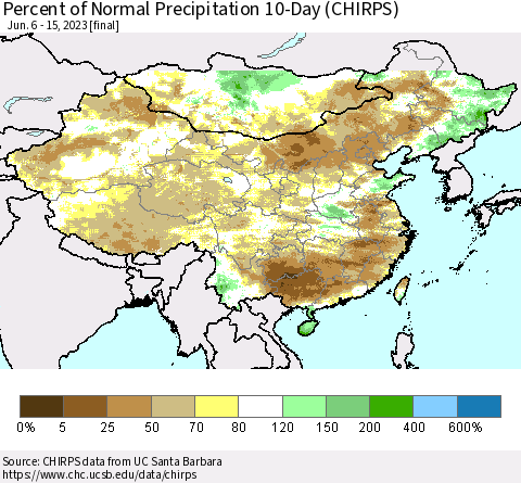 China, Mongolia and Taiwan Percent of Normal Precipitation 10-Day (CHIRPS) Thematic Map For 6/6/2023 - 6/15/2023