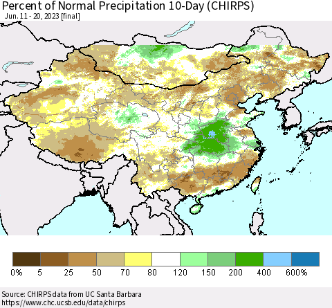 China, Mongolia and Taiwan Percent of Normal Precipitation 10-Day (CHIRPS) Thematic Map For 6/11/2023 - 6/20/2023