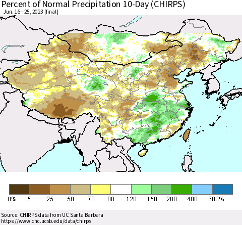 China, Mongolia and Taiwan Percent of Normal Precipitation 10-Day (CHIRPS) Thematic Map For 6/16/2023 - 6/25/2023