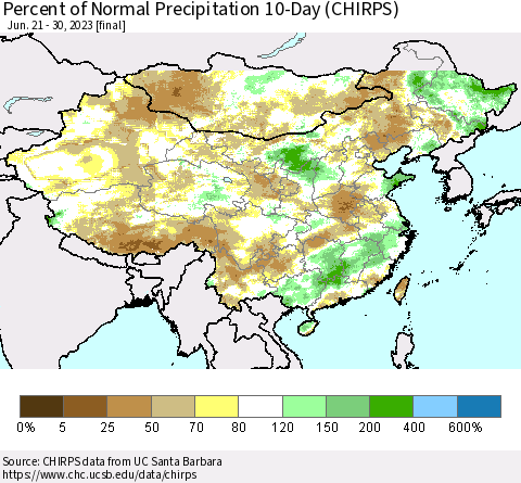 China, Mongolia and Taiwan Percent of Normal Precipitation 10-Day (CHIRPS) Thematic Map For 6/21/2023 - 6/30/2023