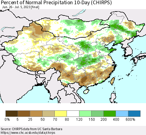 China, Mongolia and Taiwan Percent of Normal Precipitation 10-Day (CHIRPS) Thematic Map For 6/26/2023 - 7/5/2023