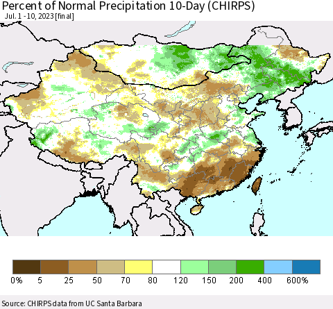 China, Mongolia and Taiwan Percent of Normal Precipitation 10-Day (CHIRPS) Thematic Map For 7/1/2023 - 7/10/2023