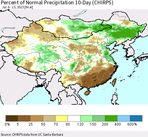 China, Mongolia and Taiwan Percent of Normal Precipitation 10-Day (CHIRPS) Thematic Map For 7/6/2023 - 7/15/2023