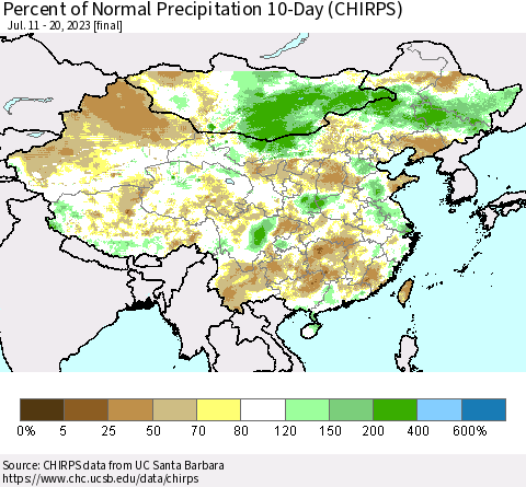 China, Mongolia and Taiwan Percent of Normal Precipitation 10-Day (CHIRPS) Thematic Map For 7/11/2023 - 7/20/2023