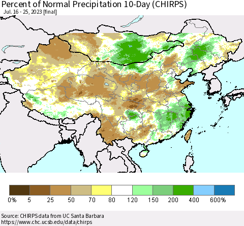 China, Mongolia and Taiwan Percent of Normal Precipitation 10-Day (CHIRPS) Thematic Map For 7/16/2023 - 7/25/2023