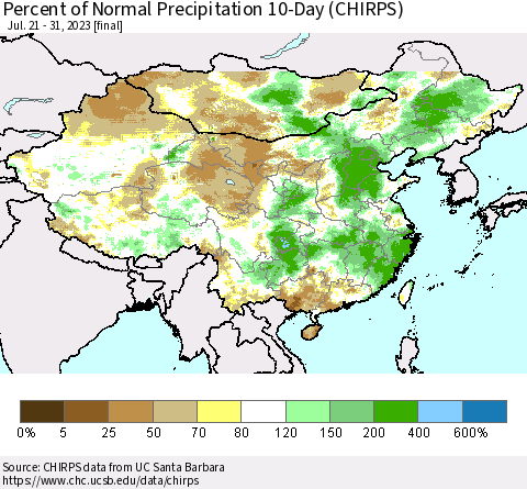 China, Mongolia and Taiwan Percent of Normal Precipitation 10-Day (CHIRPS) Thematic Map For 7/21/2023 - 7/31/2023