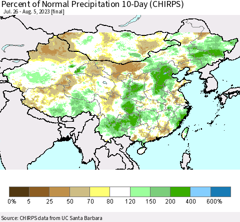 China, Mongolia and Taiwan Percent of Normal Precipitation 10-Day (CHIRPS) Thematic Map For 7/26/2023 - 8/5/2023