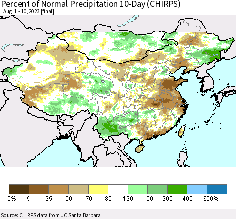 China, Mongolia and Taiwan Percent of Normal Precipitation 10-Day (CHIRPS) Thematic Map For 8/1/2023 - 8/10/2023