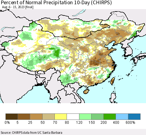 China, Mongolia and Taiwan Percent of Normal Precipitation 10-Day (CHIRPS) Thematic Map For 8/6/2023 - 8/15/2023