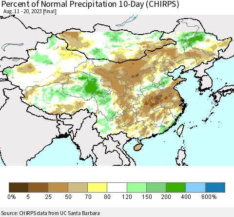 China, Mongolia and Taiwan Percent of Normal Precipitation 10-Day (CHIRPS) Thematic Map For 8/11/2023 - 8/20/2023