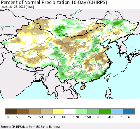 China, Mongolia and Taiwan Percent of Normal Precipitation 10-Day (CHIRPS) Thematic Map For 8/16/2023 - 8/25/2023