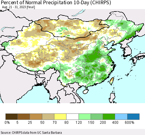 China, Mongolia and Taiwan Percent of Normal Precipitation 10-Day (CHIRPS) Thematic Map For 8/21/2023 - 8/31/2023