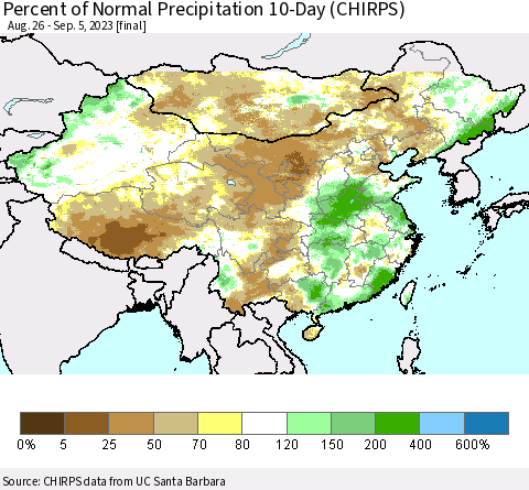 China, Mongolia and Taiwan Percent of Normal Precipitation 10-Day (CHIRPS) Thematic Map For 8/26/2023 - 9/5/2023