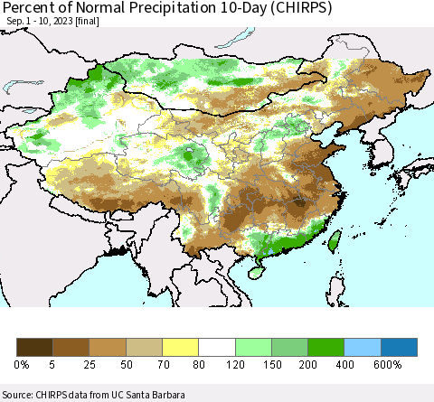 China, Mongolia and Taiwan Percent of Normal Precipitation 10-Day (CHIRPS) Thematic Map For 9/1/2023 - 9/10/2023