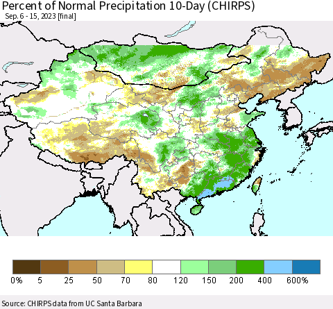 China, Mongolia and Taiwan Percent of Normal Precipitation 10-Day (CHIRPS) Thematic Map For 9/6/2023 - 9/15/2023