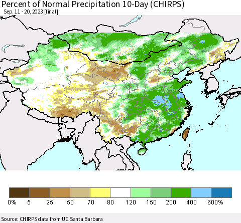 China, Mongolia and Taiwan Percent of Normal Precipitation 10-Day (CHIRPS) Thematic Map For 9/11/2023 - 9/20/2023