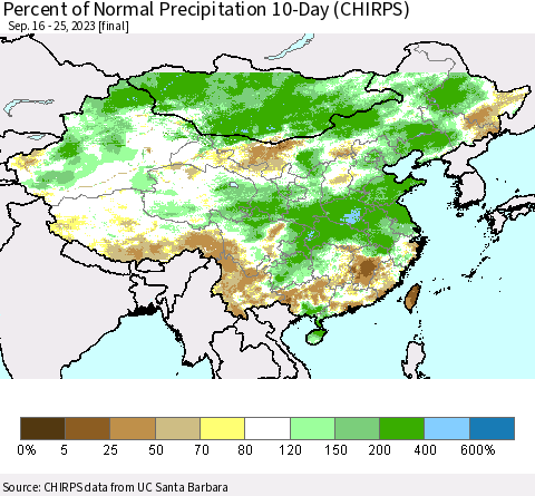 China, Mongolia and Taiwan Percent of Normal Precipitation 10-Day (CHIRPS) Thematic Map For 9/16/2023 - 9/25/2023