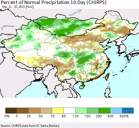 China, Mongolia and Taiwan Percent of Normal Precipitation 10-Day (CHIRPS) Thematic Map For 9/21/2023 - 9/30/2023