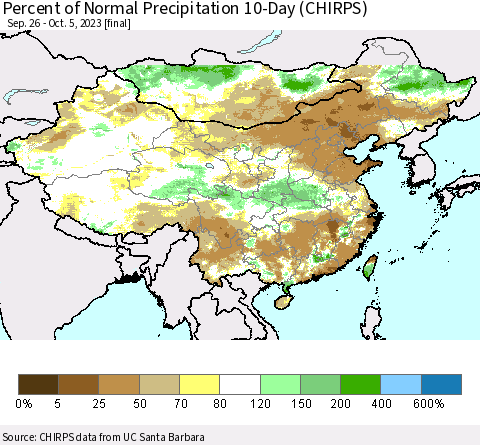 China, Mongolia and Taiwan Percent of Normal Precipitation 10-Day (CHIRPS) Thematic Map For 9/26/2023 - 10/5/2023