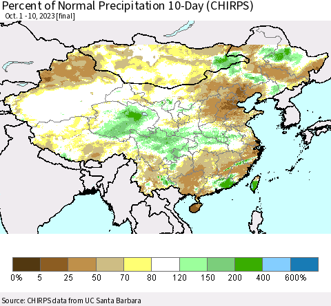 China, Mongolia and Taiwan Percent of Normal Precipitation 10-Day (CHIRPS) Thematic Map For 10/1/2023 - 10/10/2023