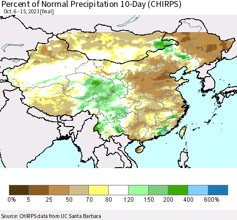China, Mongolia and Taiwan Percent of Normal Precipitation 10-Day (CHIRPS) Thematic Map For 10/6/2023 - 10/15/2023