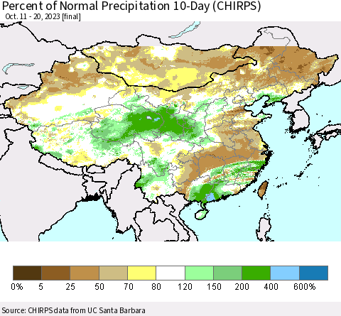 China, Mongolia and Taiwan Percent of Normal Precipitation 10-Day (CHIRPS) Thematic Map For 10/11/2023 - 10/20/2023