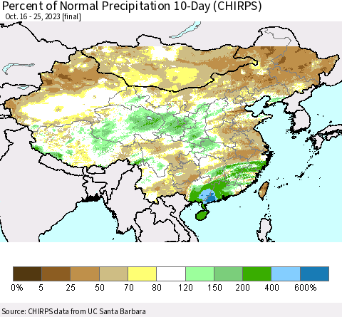 China, Mongolia and Taiwan Percent of Normal Precipitation 10-Day (CHIRPS) Thematic Map For 10/16/2023 - 10/25/2023