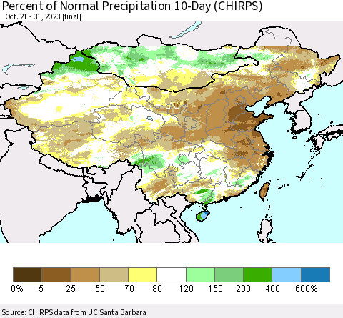 China, Mongolia and Taiwan Percent of Normal Precipitation 10-Day (CHIRPS) Thematic Map For 10/21/2023 - 10/31/2023