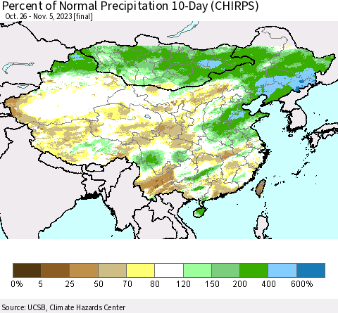 China, Mongolia and Taiwan Percent of Normal Precipitation 10-Day (CHIRPS) Thematic Map For 10/26/2023 - 11/5/2023