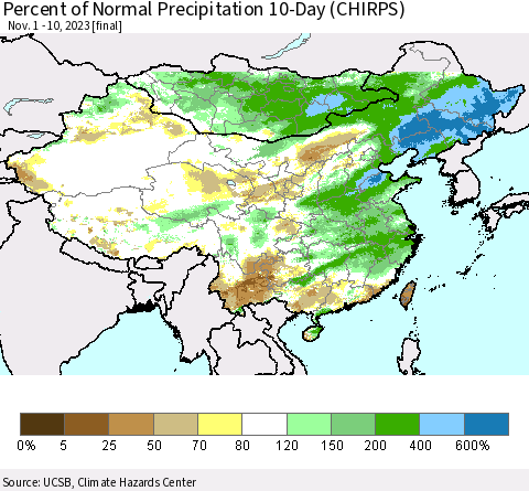 China, Mongolia and Taiwan Percent of Normal Precipitation 10-Day (CHIRPS) Thematic Map For 11/1/2023 - 11/10/2023