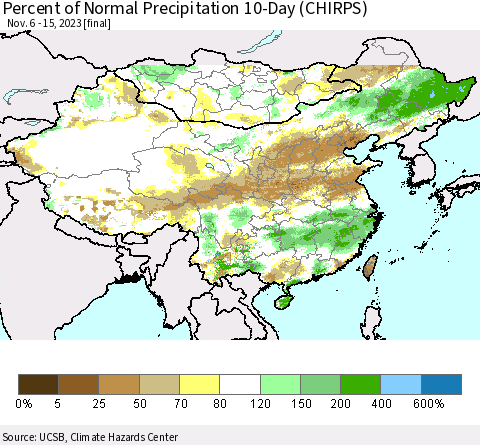 China, Mongolia and Taiwan Percent of Normal Precipitation 10-Day (CHIRPS) Thematic Map For 11/6/2023 - 11/15/2023