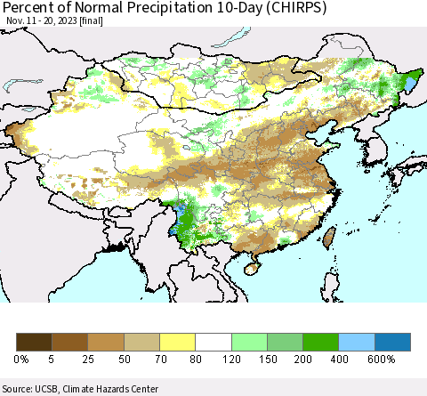 China, Mongolia and Taiwan Percent of Normal Precipitation 10-Day (CHIRPS) Thematic Map For 11/11/2023 - 11/20/2023