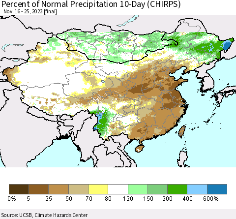 China, Mongolia and Taiwan Percent of Normal Precipitation 10-Day (CHIRPS) Thematic Map For 11/16/2023 - 11/25/2023