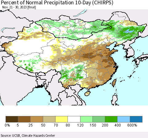China, Mongolia and Taiwan Percent of Normal Precipitation 10-Day (CHIRPS) Thematic Map For 11/21/2023 - 11/30/2023