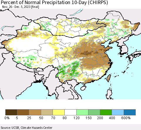 China, Mongolia and Taiwan Percent of Normal Precipitation 10-Day (CHIRPS) Thematic Map For 11/26/2023 - 12/5/2023