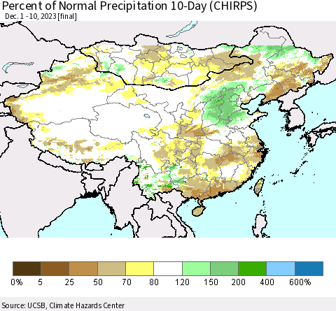 China, Mongolia and Taiwan Percent of Normal Precipitation 10-Day (CHIRPS) Thematic Map For 12/1/2023 - 12/10/2023