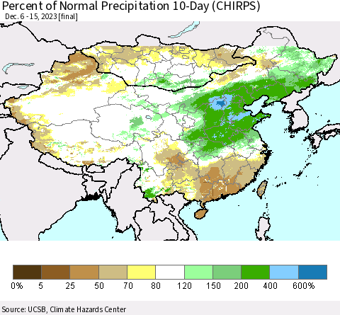 China, Mongolia and Taiwan Percent of Normal Precipitation 10-Day (CHIRPS) Thematic Map For 12/6/2023 - 12/15/2023
