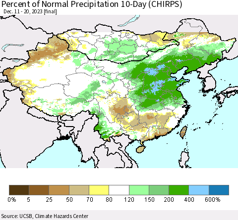 China, Mongolia and Taiwan Percent of Normal Precipitation 10-Day (CHIRPS) Thematic Map For 12/11/2023 - 12/20/2023