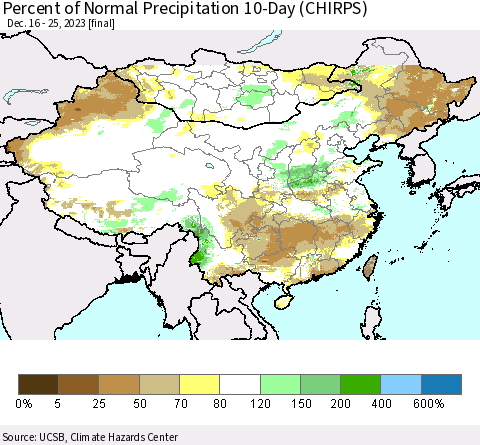 China, Mongolia and Taiwan Percent of Normal Precipitation 10-Day (CHIRPS) Thematic Map For 12/16/2023 - 12/25/2023
