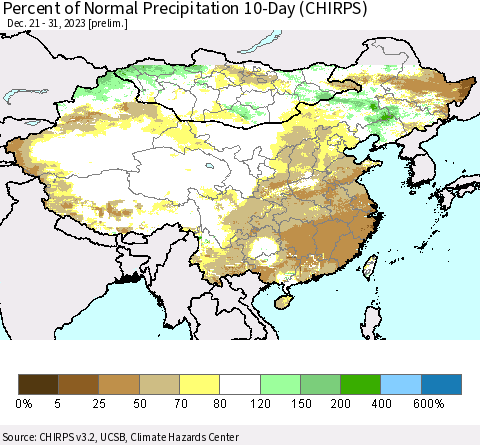 China, Mongolia and Taiwan Percent of Normal Precipitation 10-Day (CHIRPS) Thematic Map For 12/21/2023 - 12/31/2023