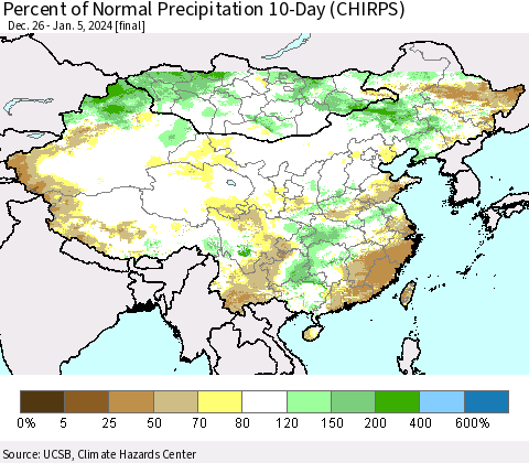 China, Mongolia and Taiwan Percent of Normal Precipitation 10-Day (CHIRPS) Thematic Map For 12/26/2023 - 1/5/2024