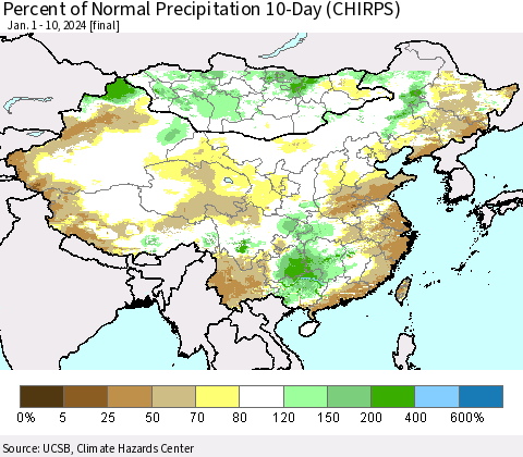 China, Mongolia and Taiwan Percent of Normal Precipitation 10-Day (CHIRPS) Thematic Map For 1/1/2024 - 1/10/2024