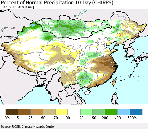 China, Mongolia and Taiwan Percent of Normal Precipitation 10-Day (CHIRPS) Thematic Map For 1/6/2024 - 1/15/2024