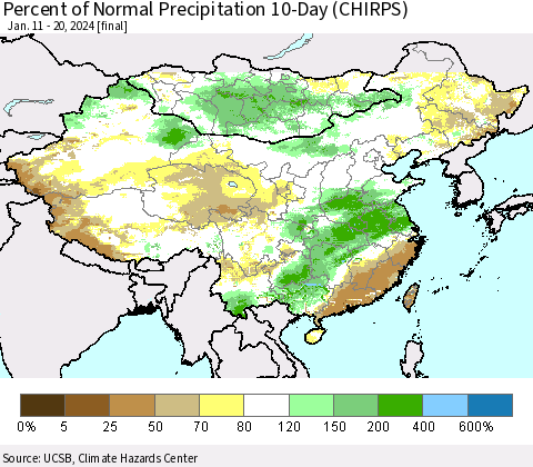 China, Mongolia and Taiwan Percent of Normal Precipitation 10-Day (CHIRPS) Thematic Map For 1/11/2024 - 1/20/2024