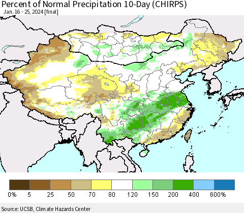 China, Mongolia and Taiwan Percent of Normal Precipitation 10-Day (CHIRPS) Thematic Map For 1/16/2024 - 1/25/2024