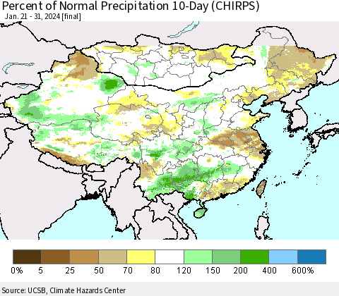 China, Mongolia and Taiwan Percent of Normal Precipitation 10-Day (CHIRPS) Thematic Map For 1/21/2024 - 1/31/2024
