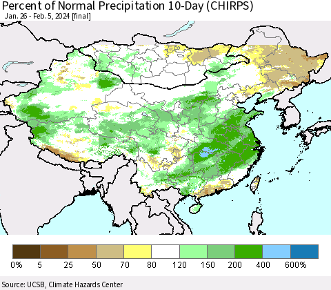 China, Mongolia and Taiwan Percent of Normal Precipitation 10-Day (CHIRPS) Thematic Map For 1/26/2024 - 2/5/2024