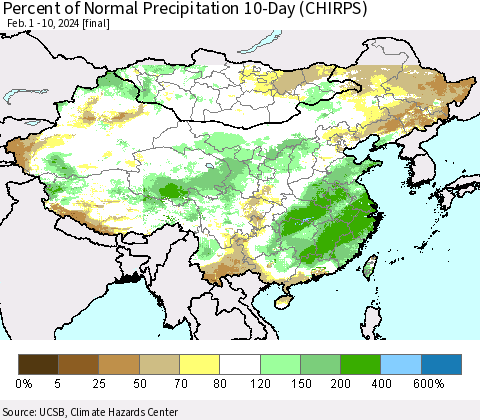 China, Mongolia and Taiwan Percent of Normal Precipitation 10-Day (CHIRPS) Thematic Map For 2/1/2024 - 2/10/2024