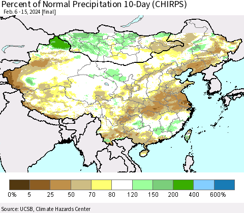 China, Mongolia and Taiwan Percent of Normal Precipitation 10-Day (CHIRPS) Thematic Map For 2/6/2024 - 2/15/2024